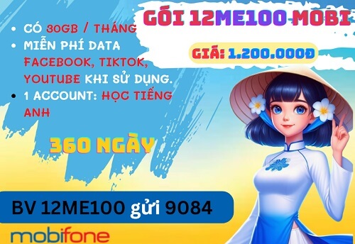 Đăng ký gói cước 12ME100 Mobifone chỉ 1.200k sử dụng 1 năm tiếng Anh