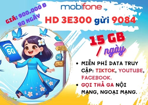 Gói cước 3E300 Mobifone ưu đãi 15GB/tháng, gọi thả ga, dùng 3 tháng